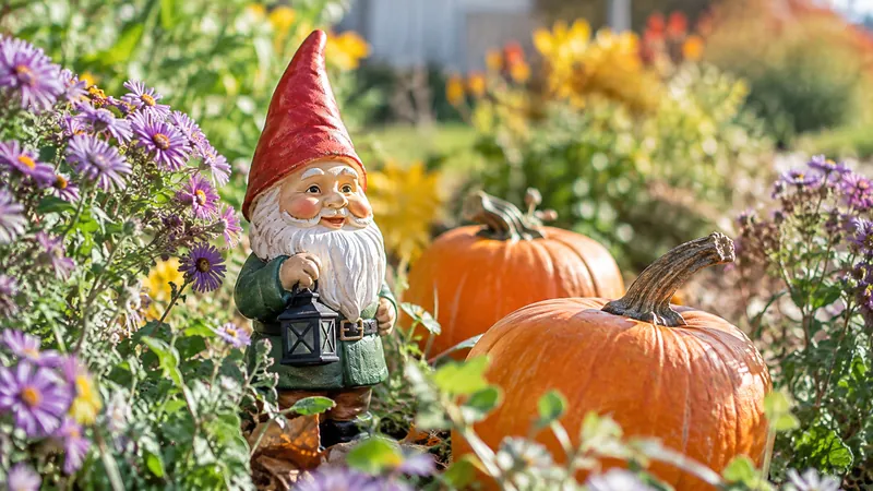 Klassischer Keramik-Gartenzwerg mit roter Zipfelmütze und weißem Bart in einem Herbstbeet zwischen orangefarbenen Kürbissen und lila Astern