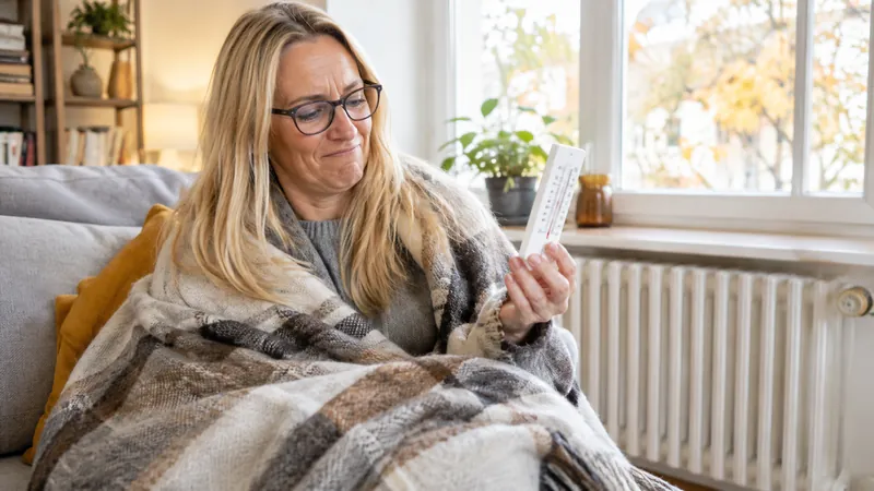 Frau mit langen blonden Haaren und Brille sitzt in eine Wolldecke gewickelt auf dem Sofa und hält ein kleines Raumthermometer