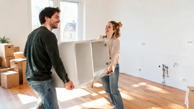 Junges Paar trägt lachend einen weißen Küchenschrank in eine leere Wohnung, an der kahlen Küchenwand sind nur Anschlüsse zu sehen