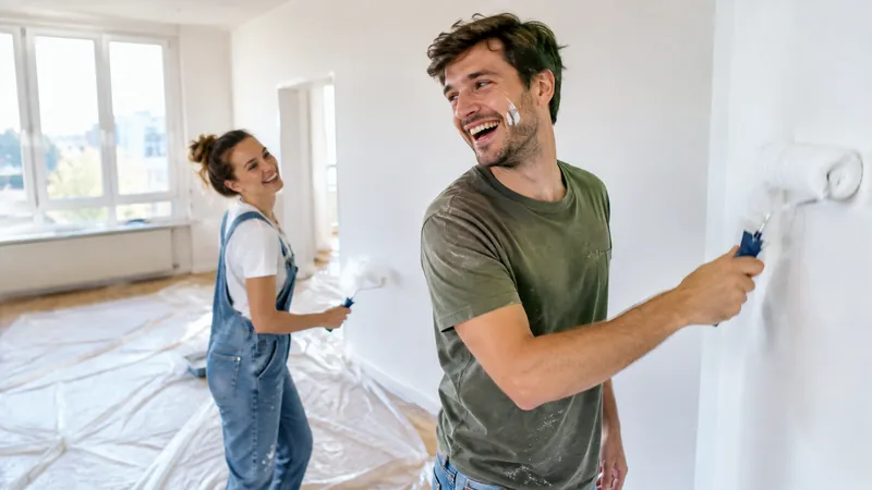 Junges Paar streicht in leerer, heller Wohnung eine Wand weiß, Schutzfolie am Boden, der Mann lacht mit etwas Farbe auf der Wange