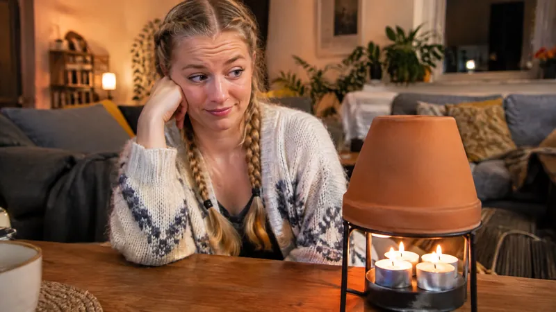 Junge Frau mit blonden Zöpfen in Strickjacke mustert am Holztisch skeptisch und amüsiert einen Teelichtofen aus Terrakotta im Abendlicht