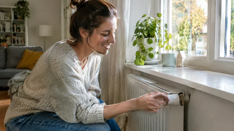 Frau im cremefarbenen Strickpullover hockt neben einem weißen Heizkörper unter dem Fenster und dreht am Thermostatkopf